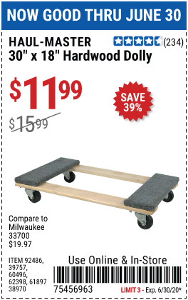 30 In x 18 In 1000 lb. Capacity Hardwood Dolly