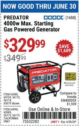 4000 Watt Max Starting Gas Powered Generator - EPA III