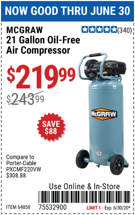 21 gallon 175 PSI Oil-Free Vertical Air Compressor