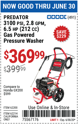 3100 PSI, 2.8 GPM, 6.5 HP (212cc) Pressure Washer EPA III