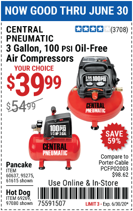 3 gallon 1/3 HP 100 PSI Oil-Free Pancake Air Compressor