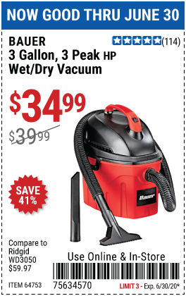 3 Gallon 3 Peak Horsepower Wet/Dry Vacuum