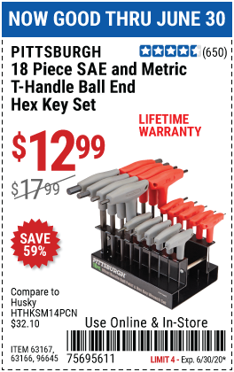 SAE & Metric T-Handle Ball End Hex Key Set, 18 Pc.