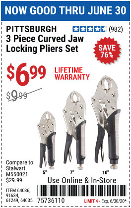 Curved Jaw Locking Pliers Set, 3 Pc.