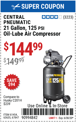 21 gallon 2.5 HP 125 PSI Cast Iron Vertical Air Compressor