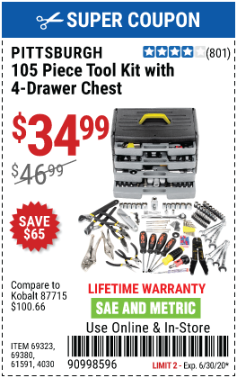 Tool Kit with 4-Drawer Chest, 105 Pc.