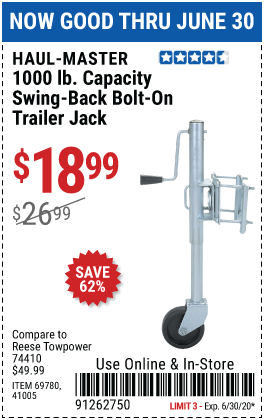 1000 lb. Swing-Back Bolt-On Trailer Jack