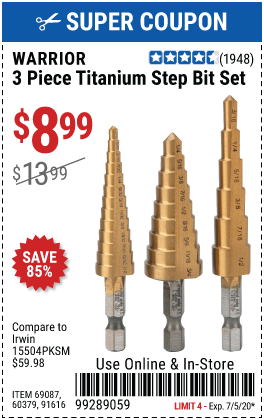 Titanium High Speed Steel Step Bit Set, 3 Pc.