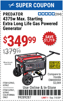 4375 Watt Max Starting Extra Long Life Gas Powered Generator - CARB