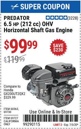 6.5 HP (212cc) OHV Horizontal Shaft Gas Engine EPA/CARB