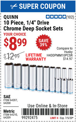 1/4 in. Drive SAE Chrome Deep Socket, 10 Pc.