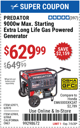 9000 Watt Max Starting Extra Long Life Gas Powered Generator - CARB