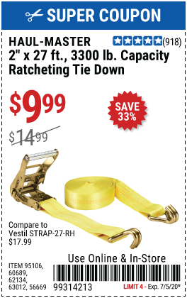 3300 lb. Capacity 2 in. x 27 ft. Heavy Duty Ratcheting Tie Down, 1 Pk.