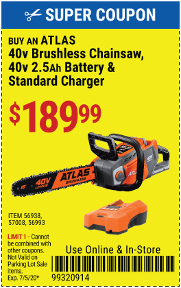 Atlas buy 40v Chainsaw  Battery & Charger @189.99