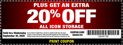 Get an extra 20% off, All ICON storage, Coupon Code: 19688799, Valid thru 9/30/2020