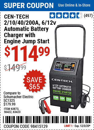 CEN TECH 2 10 40 200 Amp 6 12V Automatic Battery Charger with Engine Jump Start for 114.99 Harbor Freight Coupons