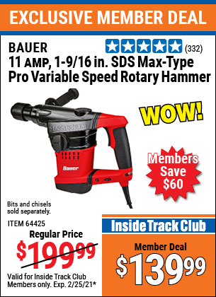 BAUER 11 Amp 1 9 16 In. SDS Max Type Pro Variable Speed Rotary Hammer for 139.99 Harbor Freight Coupons