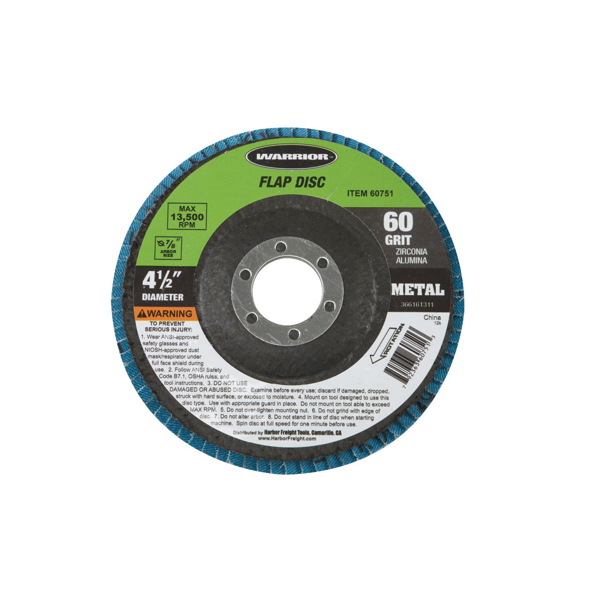 WARRIOR 4-1/2 in. 60 Grit Flap Zirc Disc - Item 60751 / 68325