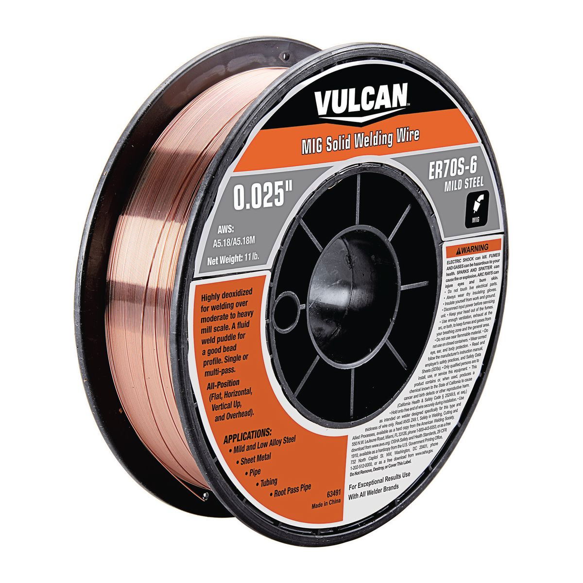 VULCAN 0.025 in. ER70S-6 MIG Solid Welding Wire 11.00 lb. Roll - Item 63491