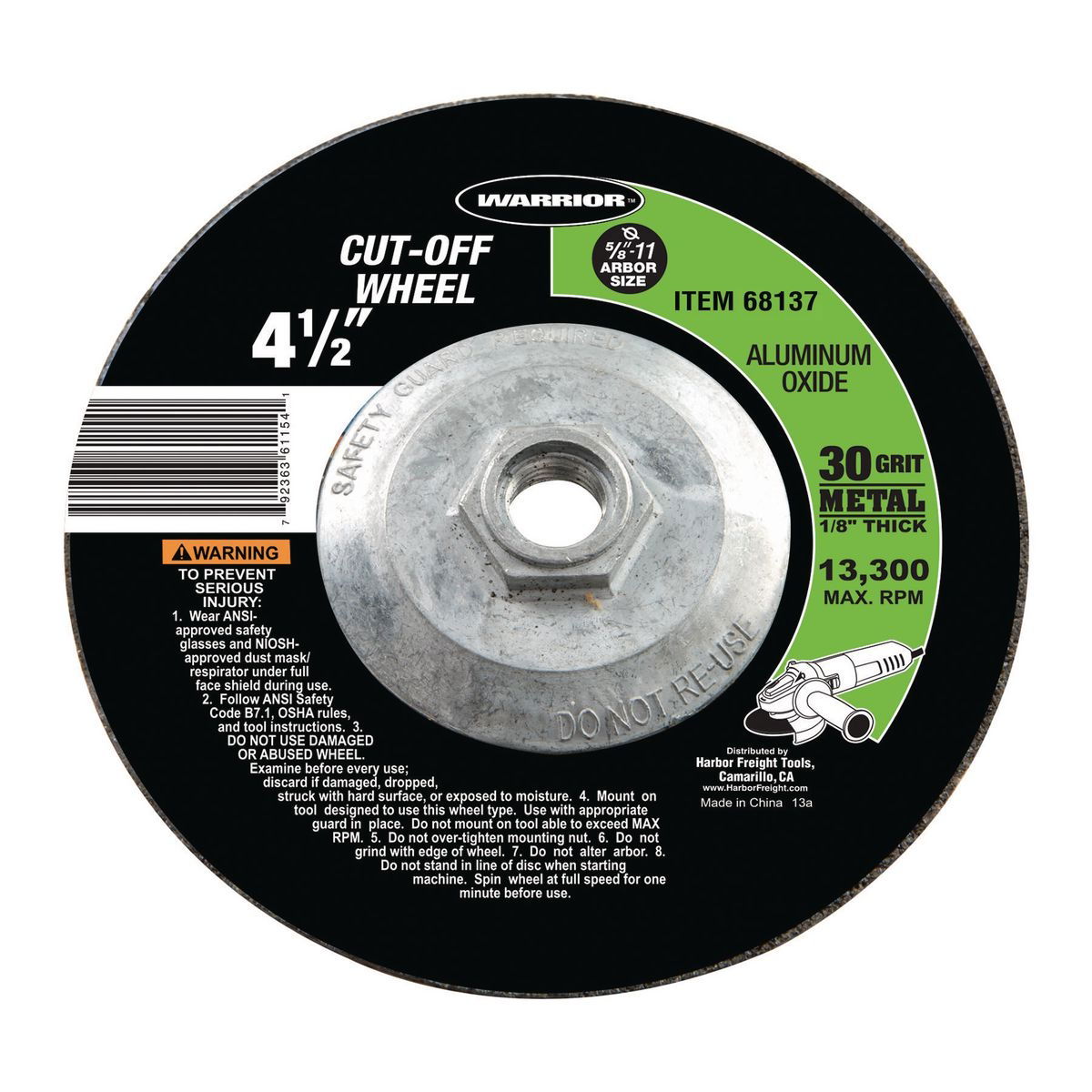 WARRIOR 4-1/2 in. 30 Grit Depressed Center Metal Cutoff Wheel - Item 68137 / 61154 / 96820