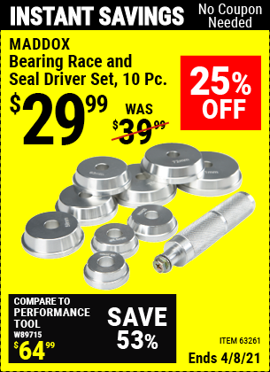 MADDOX Bearing Race and Seal Driver Set 10 Pc. for 29.99 Harbor Freight Coupons