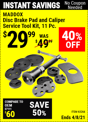 Buy the MADDOX Disc Brake Pad and Caliper Service Tool Kit 11 Pc. (Item 63264) for $29.99, valid through 4/8/2021.