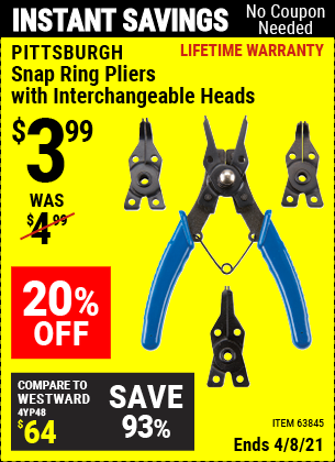 Buy the PITTSBURGH Snap Ring Pliers with Interchangeable Heads (Item 63845) for $3.99, valid through 4/8/2021.