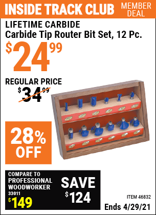 Inside Track Club members can buy the LIFETIME CARBIDE Carbide Tip Router Bit Set 12 Pc. (Item 46832) for $24.99, valid through 4/29/2021.