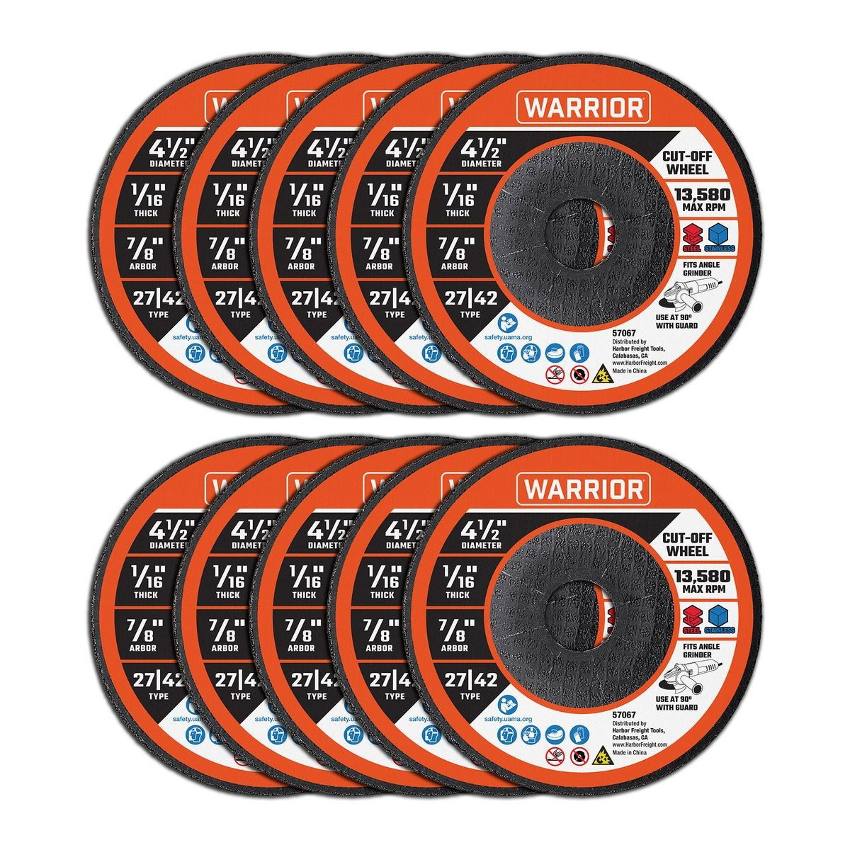 WARRIOR 4-1/2 In. X 1/16 In. X 7/8 In. Type 27/42 Metal Cut-Off Wheel, 10 Pk. – Item 57067