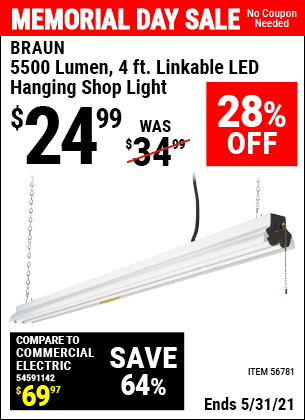 Buy the BRAUN 5500 Lumen 4 Ft. Linkable LED Shop Light (Item 56781) for $24.99, valid through 5/31/2021.