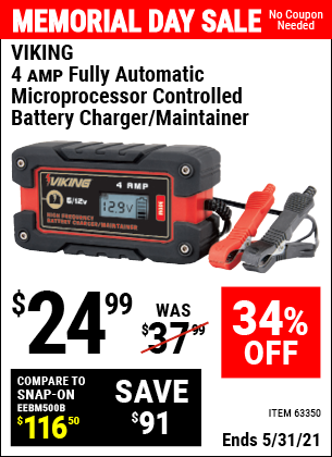 Buy the VIKING 4 Amp Fully Automatic Microprocessor Controlled Battery Charger/Maintainer (Item 63350) for $24.99, valid through 5/31/2021.