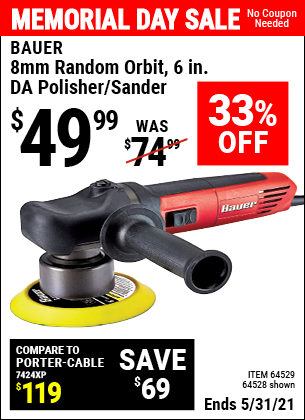 Buy the BAUER 6 in. 5.7 Amp Heavy Duty Dual Action Variable Speed Polisher (Item 64528/64529) for $49.99, valid through 5/31/2021.