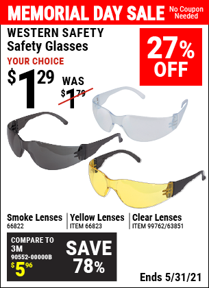 Buy the WESTERN SAFETY Safety Glasses with Smoke Lenses (Item 66822/66823/99762/63851) for $1.29, valid through 5/31/2021.