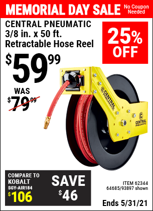 Buy the CENTRAL PNEUMATIC 3/8 In. X 50 Ft. Retractable Hose Reel (Item 93897/62344/64685) for $59.99, valid through 5/31/2021.