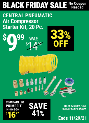 Buy the CENTRAL PNEUMATIC Air Compressor Starter Kit 20 Pc. (Item 64599/62688/63898/57051) for $9.99, valid through 11/29/2021.