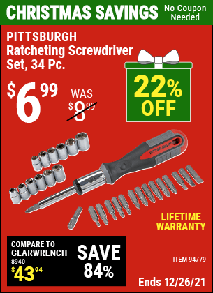 Buy the PITTSBURGH Ratcheting Screwdriver Set 34 Pc. (Item 94779) for $6.99, valid through 12/26/2022.