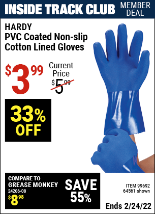 Inside Track Club members can buy the HARDY PVC Coated Non-Slip Cotton Lined Gloves (Item 99692/99692) for $3.99, valid through 2/24/2022.