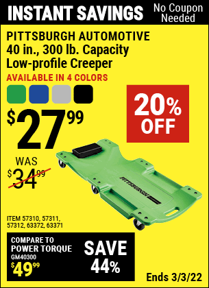 Buy the PITTSBURGH AUTOMOTIVE 40 In. 300 Lb. Capacity Low-Profile Creeper, Green (Item 57310/57311/57312/63372/63424/64169/63371) for $27.99, valid through 3/3/2022.