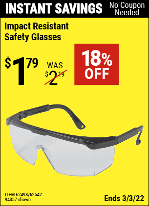 Buy the WESTERN SAFETY Impact Resistant Safety Glasses (Item 94357/62498/62542) for $1.79, valid through 3/3/2022.