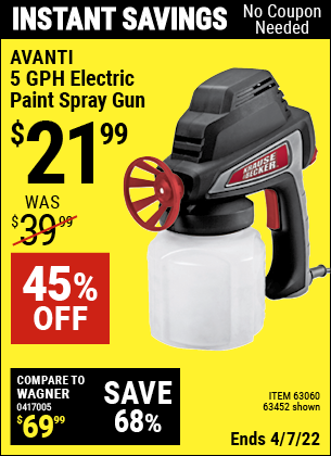 Buy the KRAUSE & BECKER 5 GPH Electric Paint Spray Gun (Item 63452/63060) for $21.99, valid through 4/7/2022.