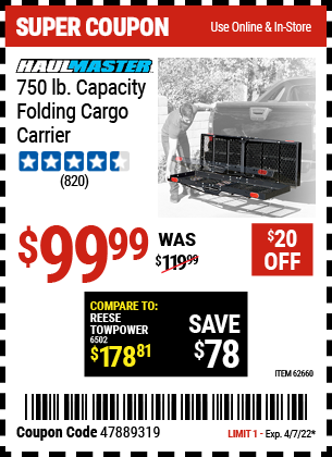 Buy the HAUL-MASTER 750 Lbs. Capacity Heavy Duty Folding Cargo Carrier (Item 62660) for $99.99, valid through 4/7/2022.