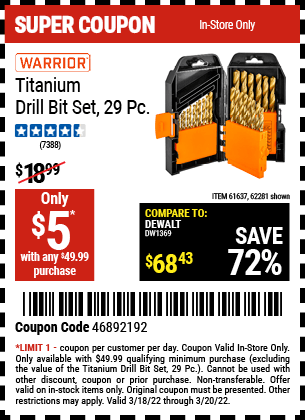 Buy the WARRIOR Titanium Drill Bit Set 29 Pc 61637(Item /62281) for $5, valid through 3/20/2022.