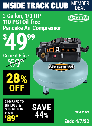 Inside Track Club members can buy the MCGRAW 3 Gallon 1/3 HP 110 PSI Oil-Free Pancake Air Compressor (Item 57567) for $49.99, valid through 4/7/2022.