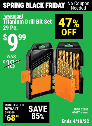 Buy the WARRIOR Titanium Drill Bit Set 29 Pc (Item 61637/62281) for $9.99, valid through 4/10/2022.