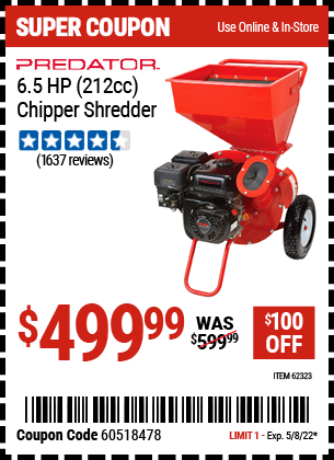 Buy the PREDATOR 6.5 HP (212cc) Chipper Shredder (Item 62323) for $499.99, valid through 5/8/2022.