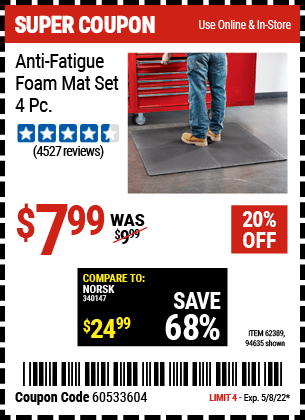 Buy the HFT Anti-Fatigue Foam Mat Set 4 Pc. (Item 94635/62389) for $7.99, valid through 5/8/2022.