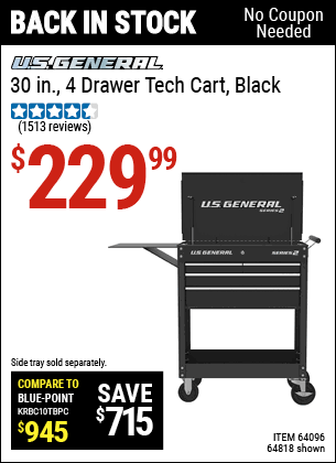 Buy the U.S. GENERAL 30 In. 4 Drawer Tech Cart (Item 64818) for $229.99, valid through 5/29/2022.