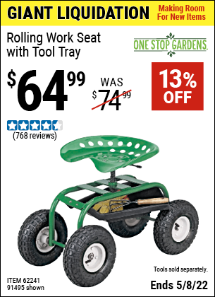 Buy the ONE STOP GARDENS Rolling Work Seat with Tool Tray (Item 91495/62241) for $64.99, valid through 5/8/2022.