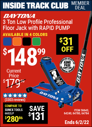 Inside Track Club members can buy the DAYTONA 3 Ton Low Profile Professional Rapid Pump® Floor Jack (Item 56643/64240/64360/64780/56261/64784) for $148.99, valid through 6/2/2022.