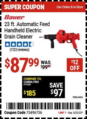 Buy the BAUER 23 Ft. Auto-Feed Handheld Electric Drain Cleaner (Item 64063) for $87.99, valid through 5/22/2022.